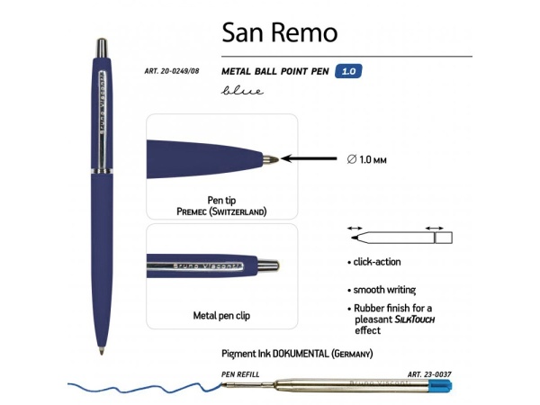 Ручка металлическая шариковая San Remo, 1,0мм, синие чернила, ярко-синий Ручка металлическая шариковая San Remo, 1,0мм, синие чернила, ярко-синий