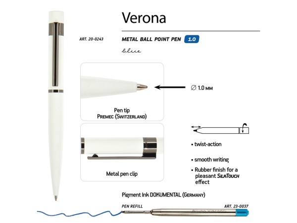 Ручка Verona шариковая автоматическая, белый металлический корпус, 1.0 мм, синяя Ручка Verona шариковая автоматическая, белый металлический корпус, 1.0 мм, синяя
