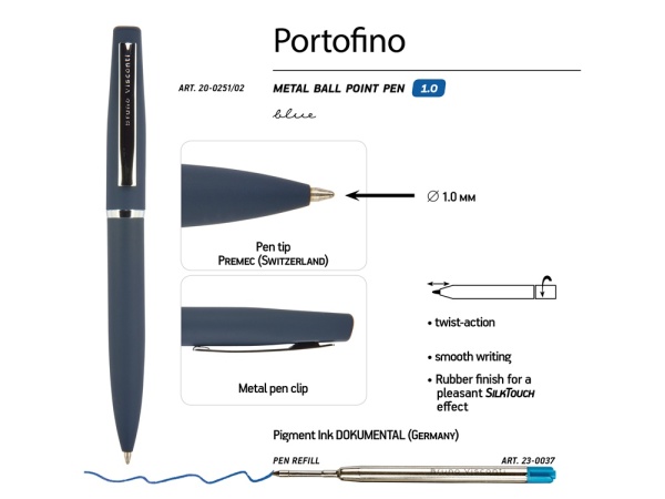 Ручка Portofino шариковая  автоматическая, синий металлический корпус, 1.0 мм, синяя Ручка Portofino шариковая  автоматическая, синий металлический корпус, 1.0 мм, синяя