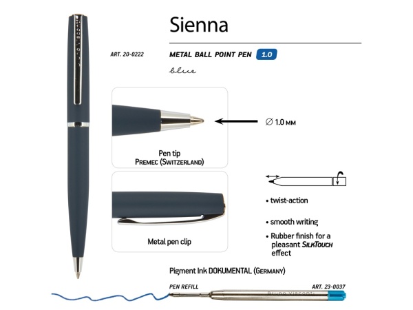 Ручка Sienna шариковая  автоматическая, синий металлический корпус, 1.0 мм, синяя Ручка Sienna шариковая  автоматическая, синий металлический корпус, 1.0 мм, синяя